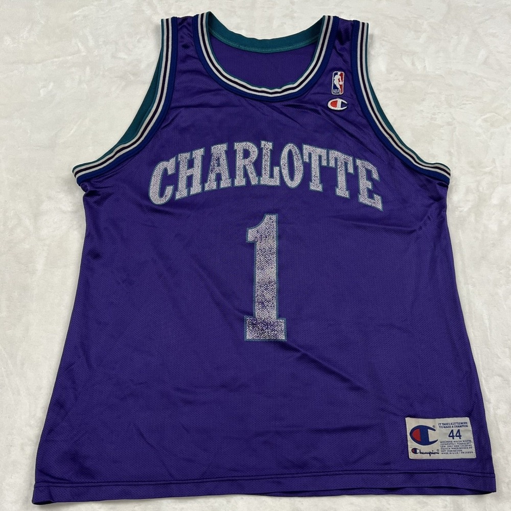 90s Champion Basketball Jersey Men 44 Purple Muggsy Bogues Charlotte Hornets NBA